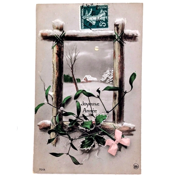 Joyeuse Annee New Year's Cottage Holly Winter Scene 1913 - Picture 1 of 3